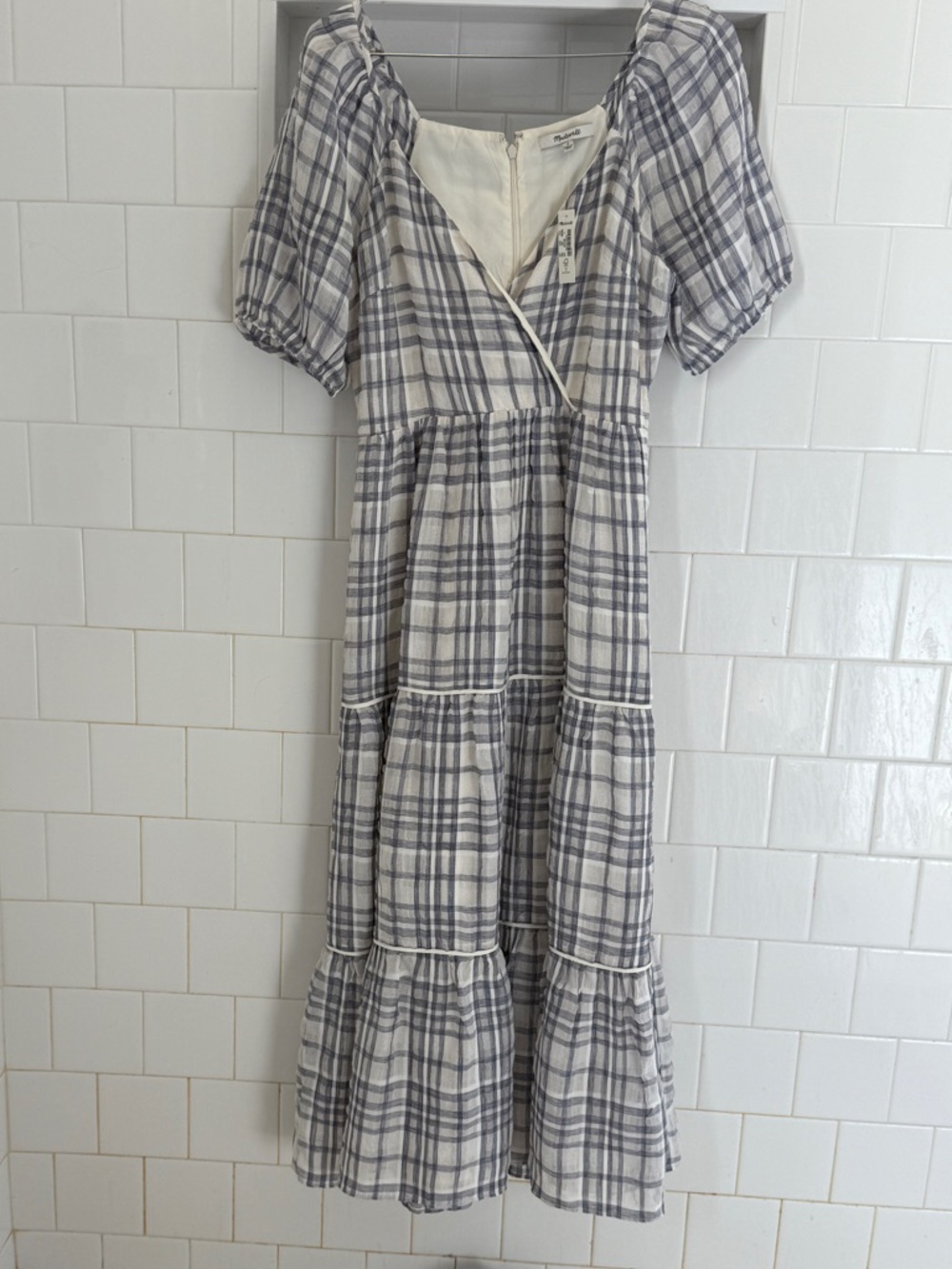 Madewell White and Gray Plaid Tiered Midi Dress